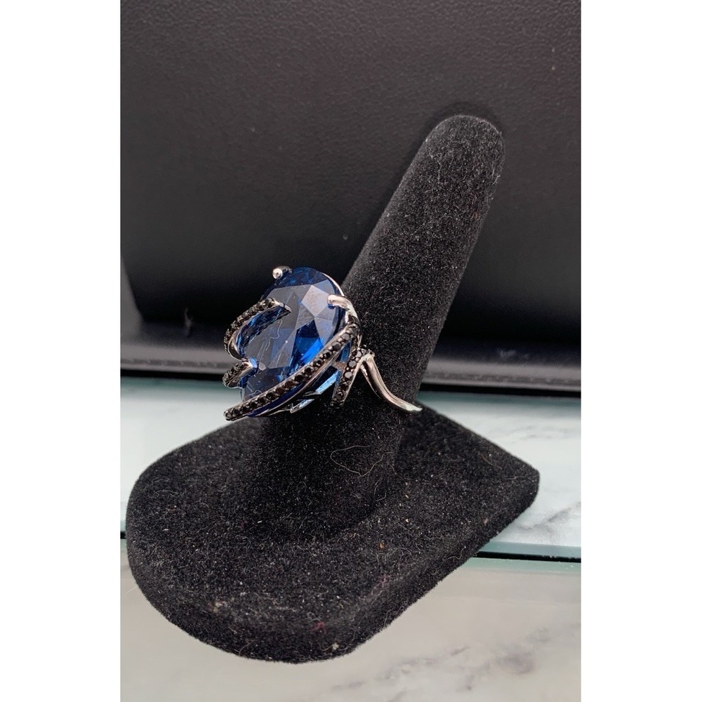 Lab Blue Spinel Ring w/ Natural Black Spinel Rhodium 925 Sterling Silver Sz 5.75 - Picture 3 of 8